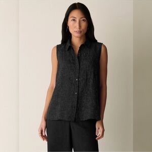 Eileen Fisher Women’s Puckered Organic Linen Grid Sleeveless Shirt1X S6YCR-T6031